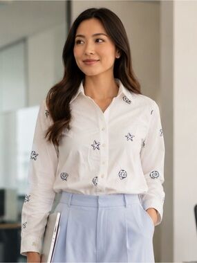Calypso St. Barth White Button-Down Shirt with Navy Sea Motifs
